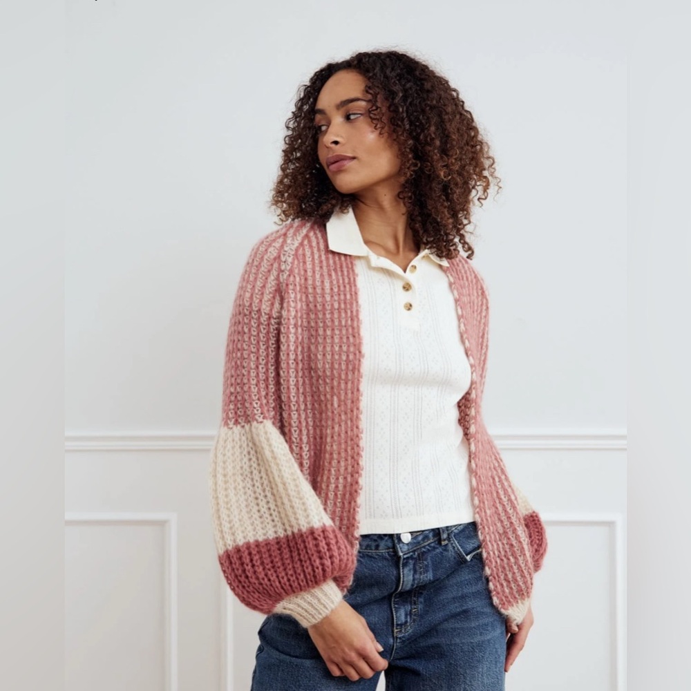 NWT Noella knitted white mauve pink open mohair blend bishop sleeve cardigan
